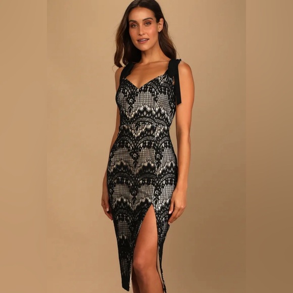 NWT Lulu’s Black Lace Open Back Cocktail Dress - Picture 1 of 4